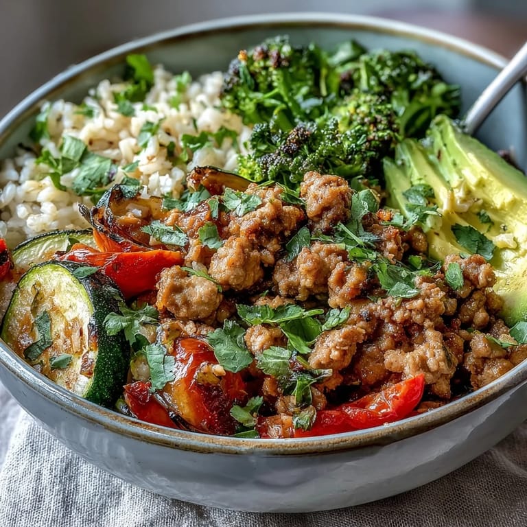 A vibrant, wholesome Ground Turkey Bowl garnished with creamy avocado slices, fresh cilantro, and a bright lime wedge.