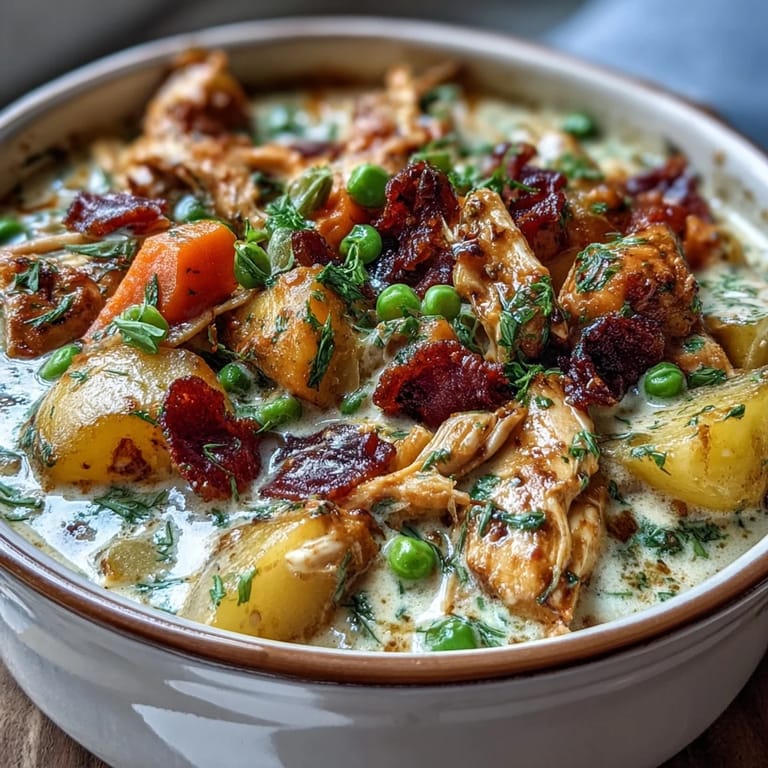 A comforting bowl of slow cooker chicken pot pie soup, filled with shredded chicken, carrots, and peas in a creamy base.