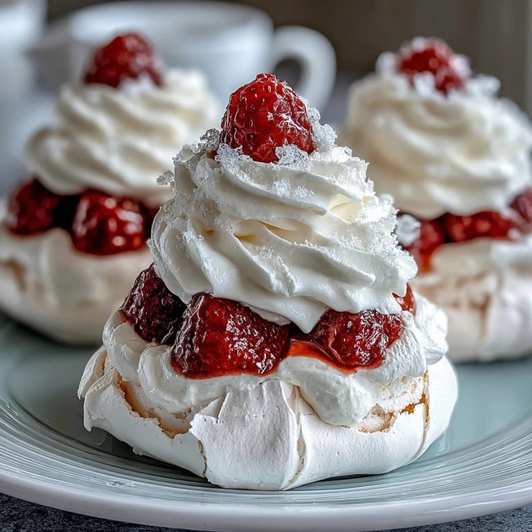 Crisp meringue shells filled with airy vanilla whipped cream and juicy strawberry slices, perfect for spring.  