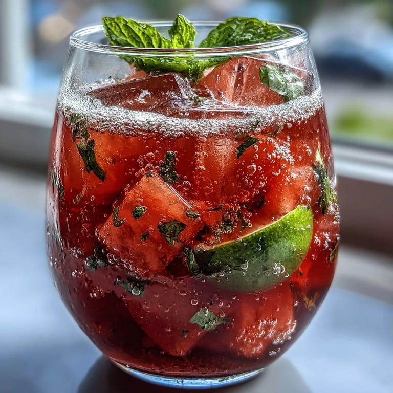 Refreshing watermelon-lime sparkling punch served over ice with mint garnish, ideal for warm-weather gatherings.