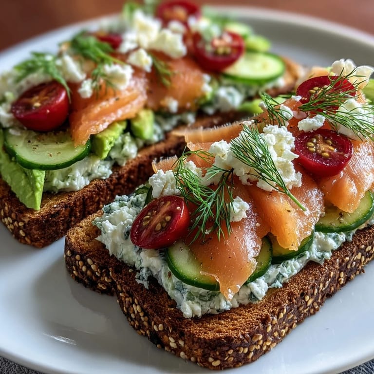 Beautiful avocado toast board with smoked salmon, showcasing colorful cherry tomatoes, crisp cucumber, and fresh dill on toasted sourdough bread.