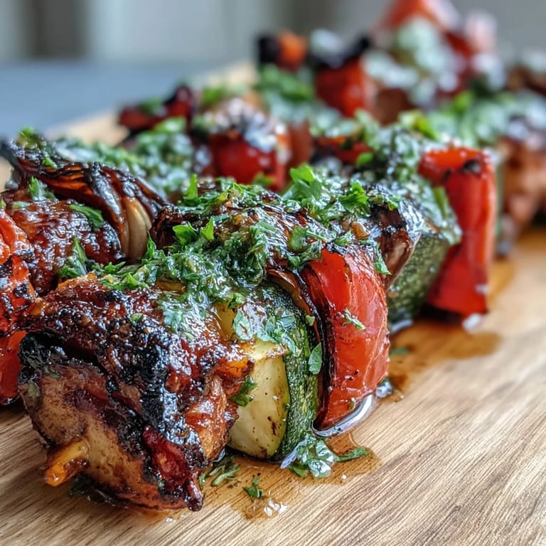 Vibrant summer grilled veggie skewers with chimichurri, featuring colorful peppers, zucchini, and mushrooms charred to smoky perfection.