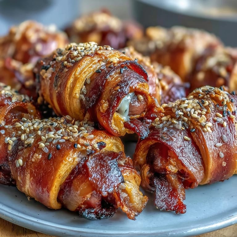 Crispy cocktail sausages encased in buttery crescent dough, paired with creamy Dijon honey sauce for the perfect game day appetizer.