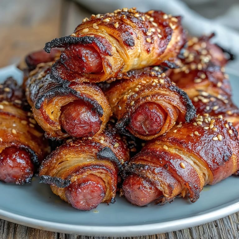 Flaky pastry-wrapped mini hot dogs baked until golden, accompanied by a zesty honey mustard dip for crowd-pleasing party snacks.