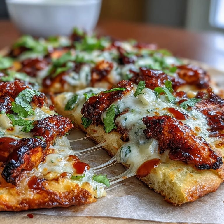 Savory BBQ chicken flatbread pizza topped with gooey mozzarella, red onions, and bell peppers for a flavorful dinner.  