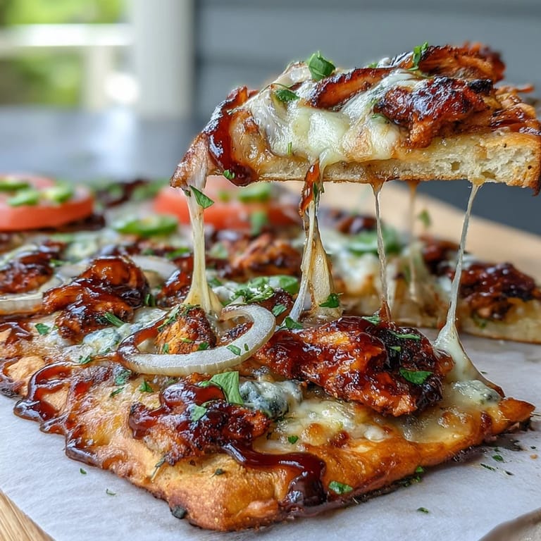 Easy BBQ chicken flatbread pizza with sweet and tangy sauce, fresh cilantro, and jalapeño slices for a spicy kick.