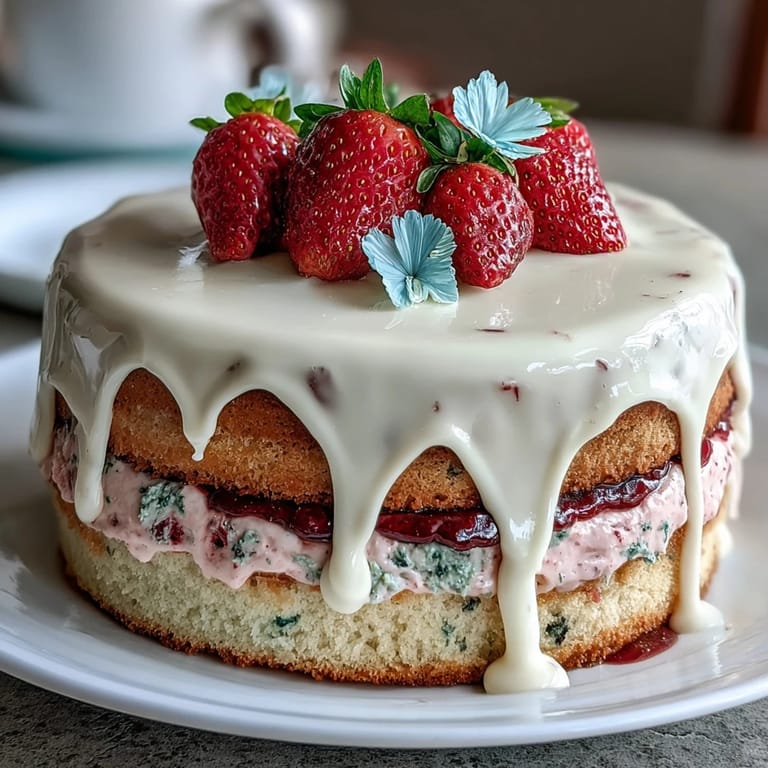 Beautiful Spring Cake with strawberry frosting and white chocolate drip, featuring soft vanilla sponge layers, vibrant pink frosting, and a cascade of white chocolate ganache down the sides.