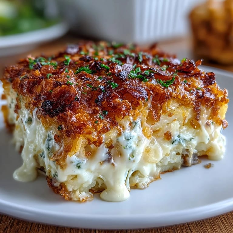 Creamy hash brown casserole baked to perfection, featuring shredded potatoes, sharp cheddar, and a buttery cornflake crust.