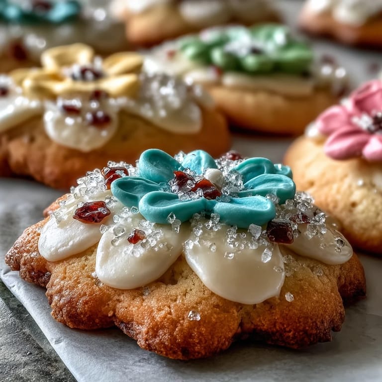Buttery shortbread blossoms decorated with colorful royal icing, offering a sweet and festive treat for any spring occasion.
