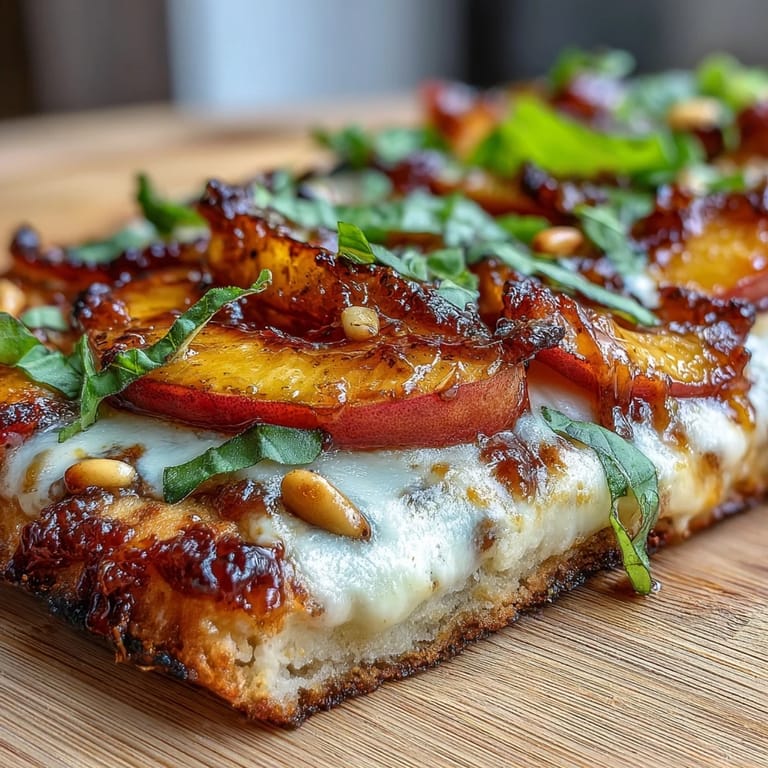 Sweet peaches and creamy Brie top crispy grilled flatbread with a drizzle of BBQ sauce.  