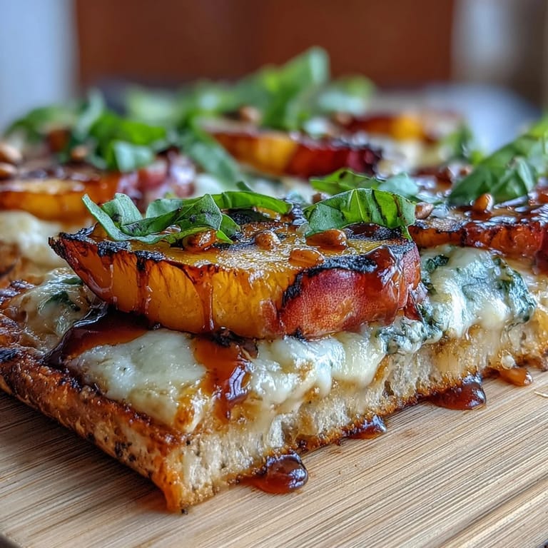 Brie melts over BBQ-sauced flatbread, topped with grilled peaches, fresh basil, and red onion.