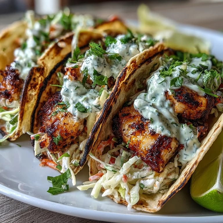 Zesty coconut milk and lime-marinated fish tacos served with colorful slaw, drizzled with creamy coconut lime sauce.