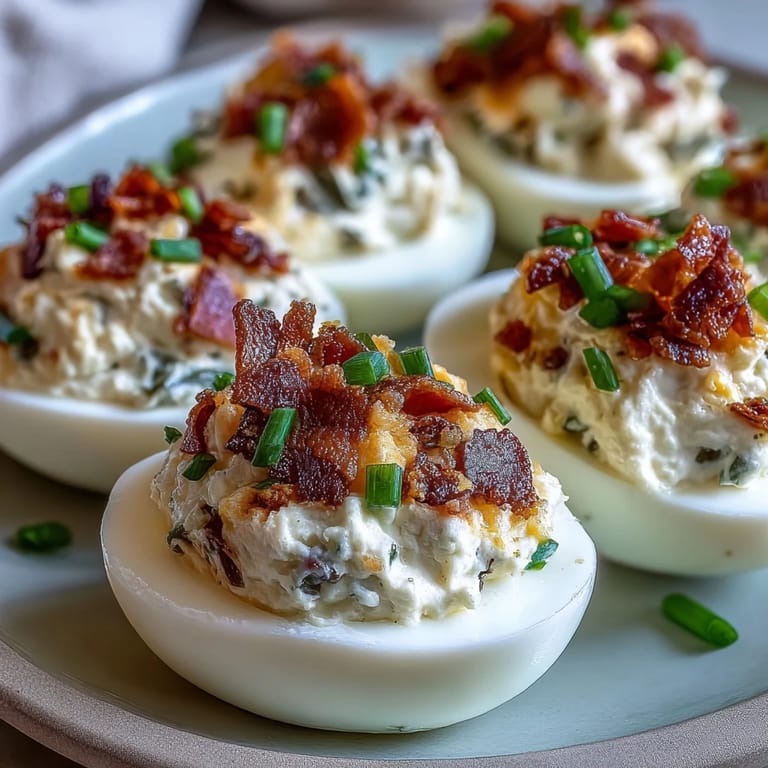 Creamy jalapeño popper deviled eggs topped with crispy bacon and fresh jalapeño slices, perfect for parties.