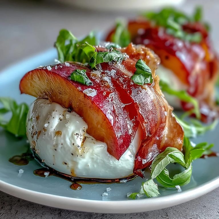 Summer salad with juicy peaches, creamy burrata, and prosciutto, served on fresh greens with a balsamic glaze finish.