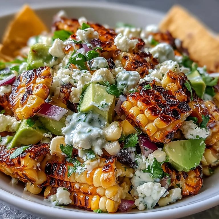 Delicious grilled corn and black bean taco salad topped with creamy avocado and crunch.