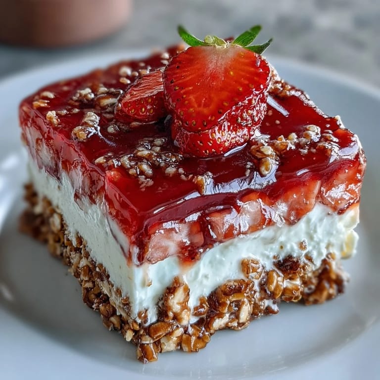 Festive Memorial Day dessert featuring a crunchy pretzel crust, smooth cream cheese filling, and glistening strawberry gelatin topping.