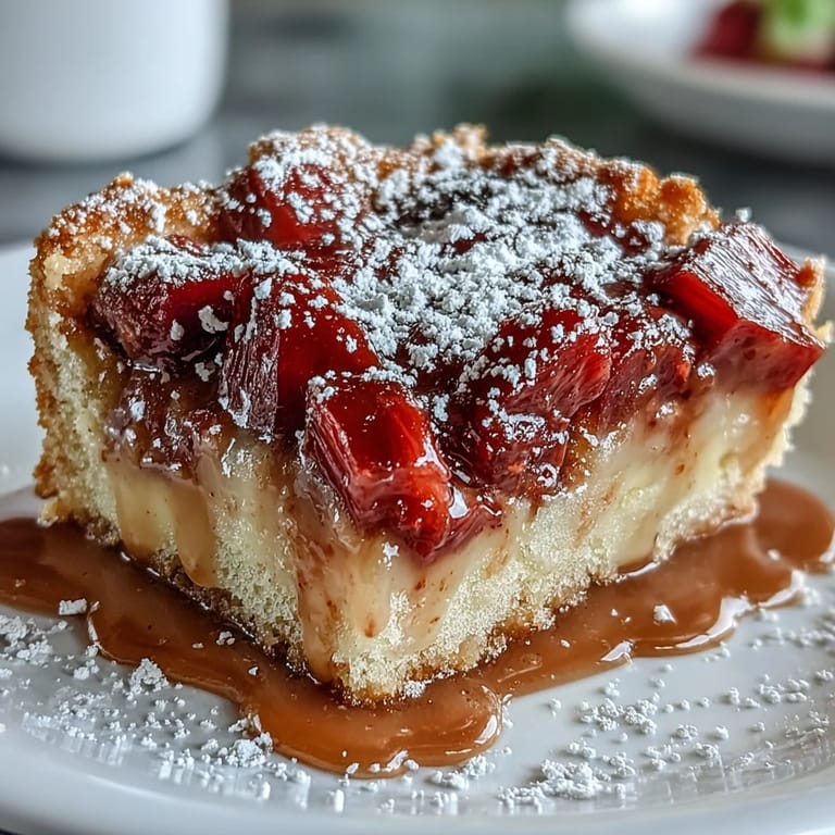 Golden shortbread base topped with sweet-tart rhubarb and rich vanilla custard, perfect for a crowd-pleasing treat.
