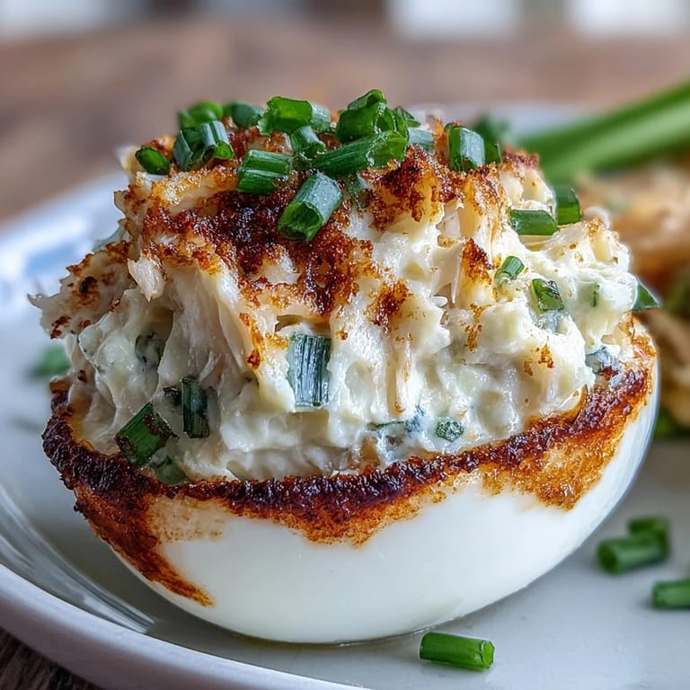 Bite-sized deviled eggs filled with lump crab meat and finished with a sprinkle of Old Bay for a seafood twist.  
