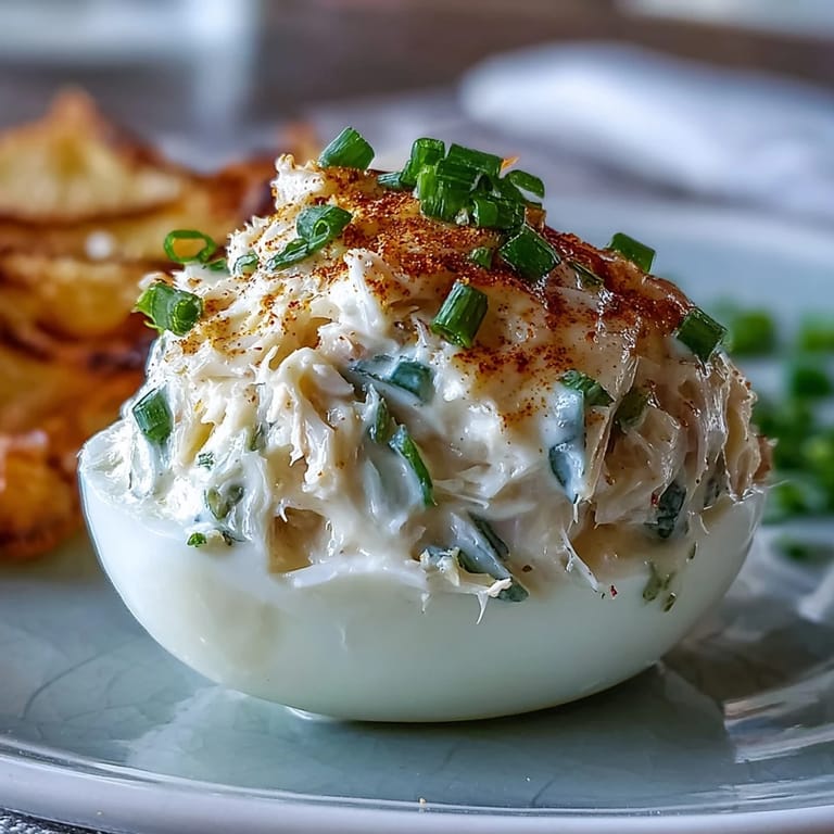 Classic deviled eggs transformed with a rich crab mixture and garnished with fresh chives and Old Bay seasoning.