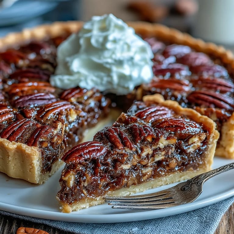 Gooey chocolate bourbon pecan tart, sliced and ready for serving.