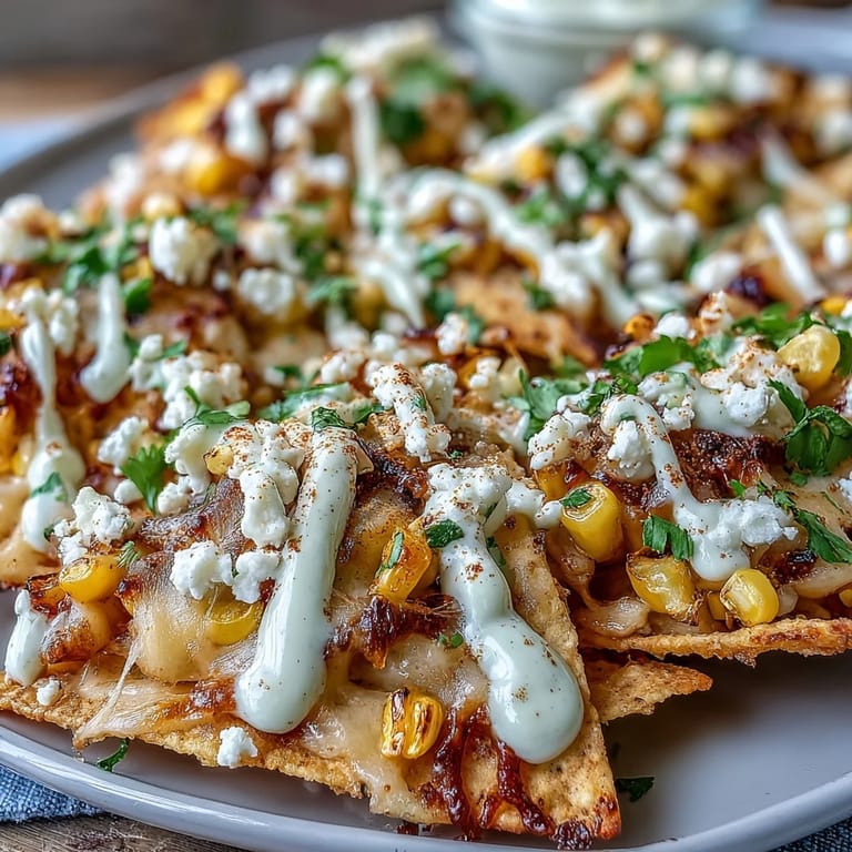 Crispy tortilla chips topped with elote-style corn, Monterey Jack, cheddar, and cotija, drizzled with zesty chipotle crema.  