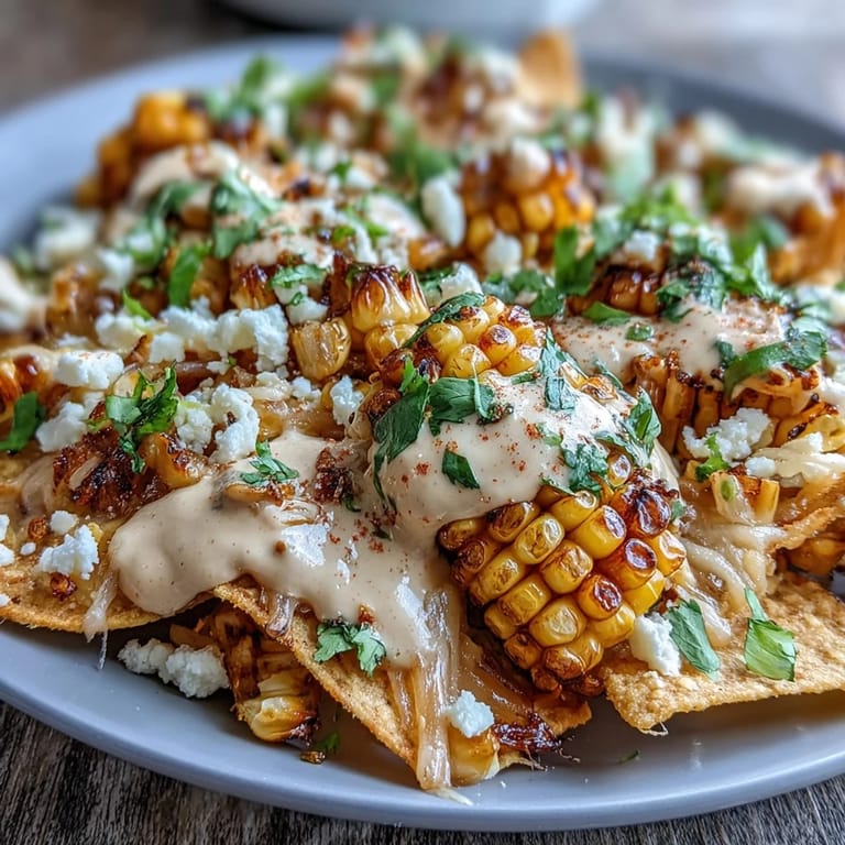 Vibrant Cinco de Mayo nachos featuring grilled corn, jalapeño, fresh herbs, and a creamy chipotle sauce for bold flavor.