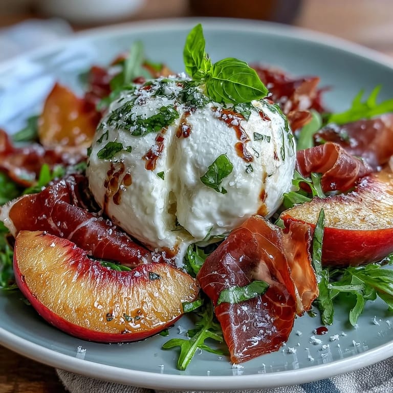 Ripe peach slices, burrata cheese, and prosciutto artfully arranged over arugula, finished with olive oil and balsamic drizzle.