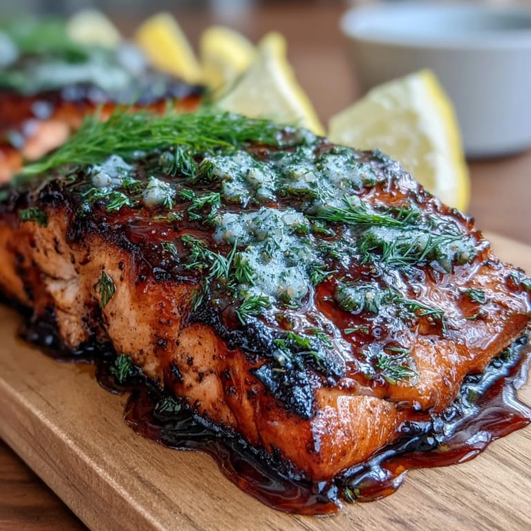 Tender salmon fillets glistening with maple Dijon glaze on a cedar plank.