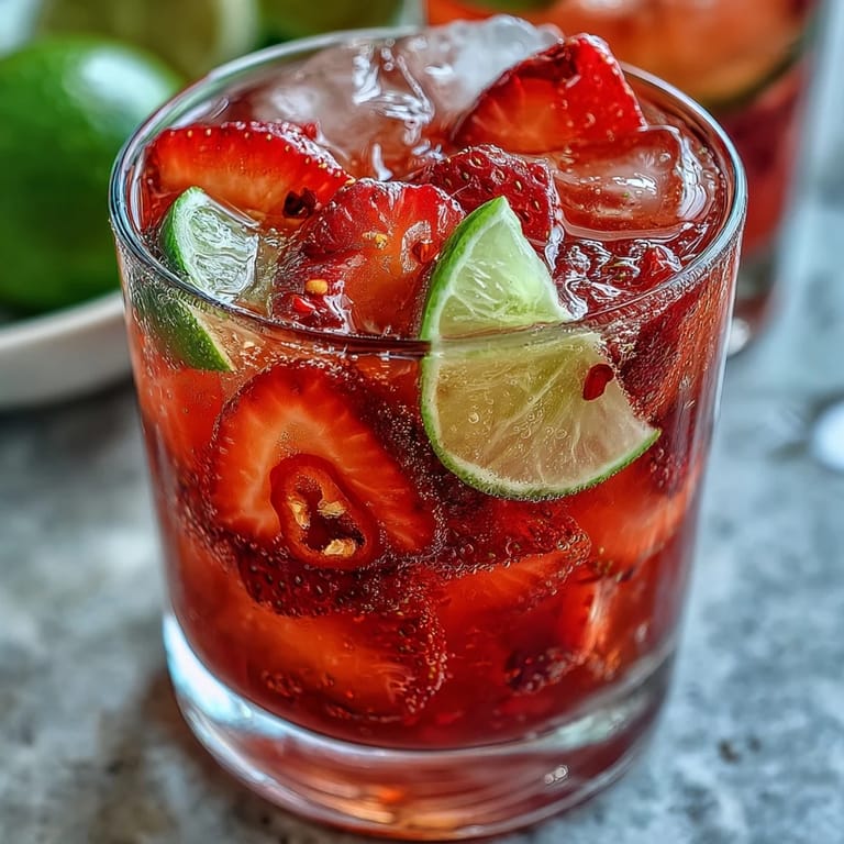 Beautiful red strawberry chili limeade mocktail, perfect for a cool sip.