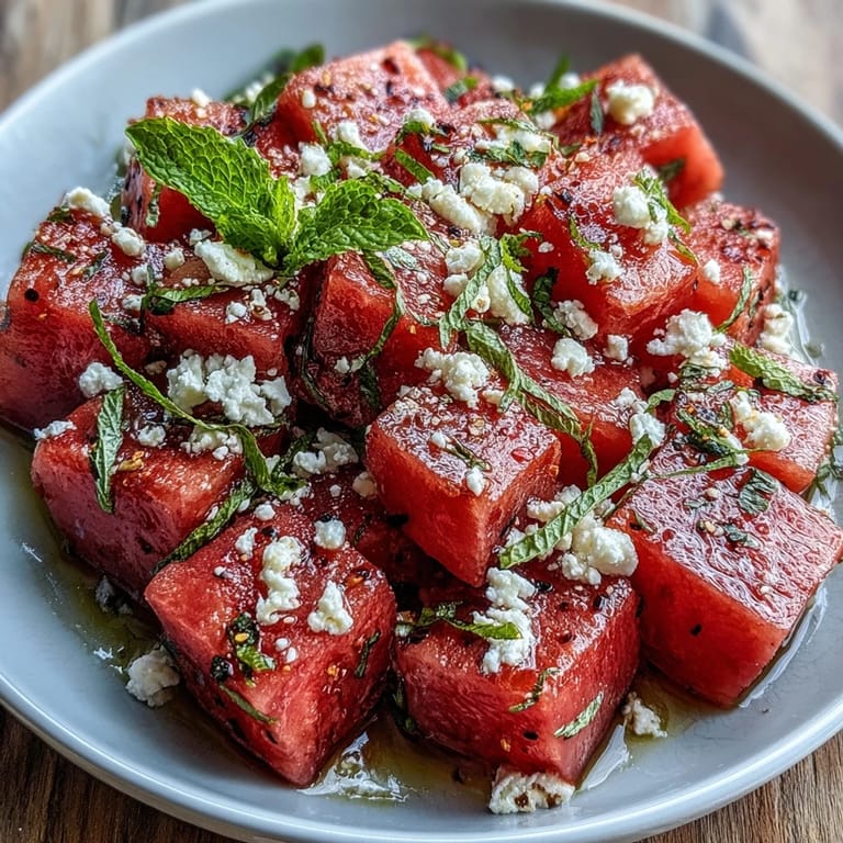 Garden-fresh watermelon chili lime salad with mint, showcasing bright colors and a cooling mint aroma.