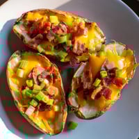 Golden, bubbly cheddar cheese melts over crispy Potato Skins, topped with bacon and scallions.