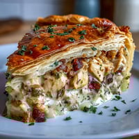 Golden, flaky puff pastry tops a hearty Chicken and Leek Pie, baked to bubbly perfection in a rustic dish.  