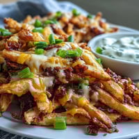Golden, crispy Cheesy BBQ Fries topped with melted cheddar and fresh green onions on a platter.