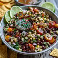 Fresh Cowboy Caviar with black beans, corn, and diced red onion in a rustic bowl, ready to serve with crunchy tortilla chips.