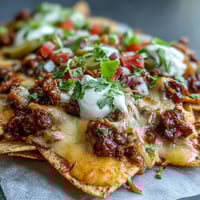 Golden BBQ beef nachos topped with melted cheddar, jalapeños, and fresh cilantro on a rustic platter.