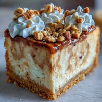 A close-up of Nutter Butter Cheesecake with whipped cream and chopped peanut garnish.