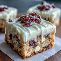 Freshly baked Cranberry Bliss Bars on a white plate show golden edges and vibrant red cranberries peeking through.