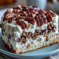 A slice of Butter Pecan Tres Leches Cake reveals soaked layers and fluffy white whipped cream.