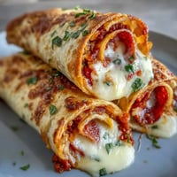 Freshly baked Tortilla Pizza Rolls on a platter display golden, flaky spirals with melted mozzarella and pepperoni.