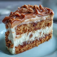 A slice of Decadent Baked Biscoff Cake with Creamy Lotus Frosting shows cookie crumbles in fluffy vanilla sponge.