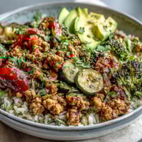 Golden-brown, seasoned ground turkey sits atop fluffy quinoa with colorful roasted zucchini, bell peppers, and broccoli.