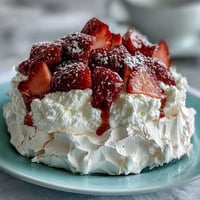 Delicate mini pavlovas topped with whipped cream and fresh strawberries, a light and elegant dessert.  