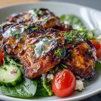 Grilled chicken and veggie bowl drizzled with lemon vinaigrette, packed with fresh spinach, tomatoes, and bell peppers.