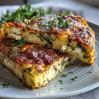 A golden spring brunch frittata with asparagus and goat cheese, baked to perfection and topped with fresh herbs.  