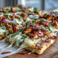 Delicious BBQ chicken flatbread pizza with smoky sauce, melted cheese, and fresh vegetables ready for a summer meal.  
