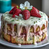 Spring Cake: Floral Drip Cake with Strawberry Frosting, a moist vanilla layer cake topped with fresh strawberry buttercream and a glossy white chocolate drip, decorated with edible flowers.