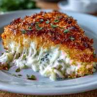 A bubbling cheesy hash brown casserole with a golden, crunchy cornflake topping and melted cheddar.