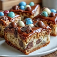 Soft, chewy peanut butter Easter egg cookie bars with colorful candy toppings in a golden-baked square pan.
