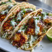 Fresh grilled fish tacos with coconut-lime marinade, topped with crunchy cabbage slaw and tangy crema in warm tortillas.