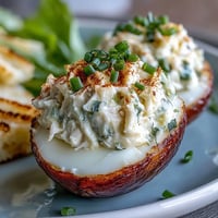 Deviled eggs stuffed with creamy crab cake filling, topped with zesty Old Bay seasoning for a flavorful appetizer.  
